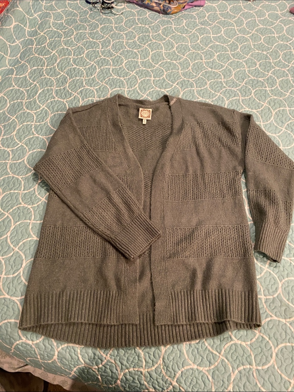 Open-Front  Greenish Gray Knit Cardigan with Textured Panels